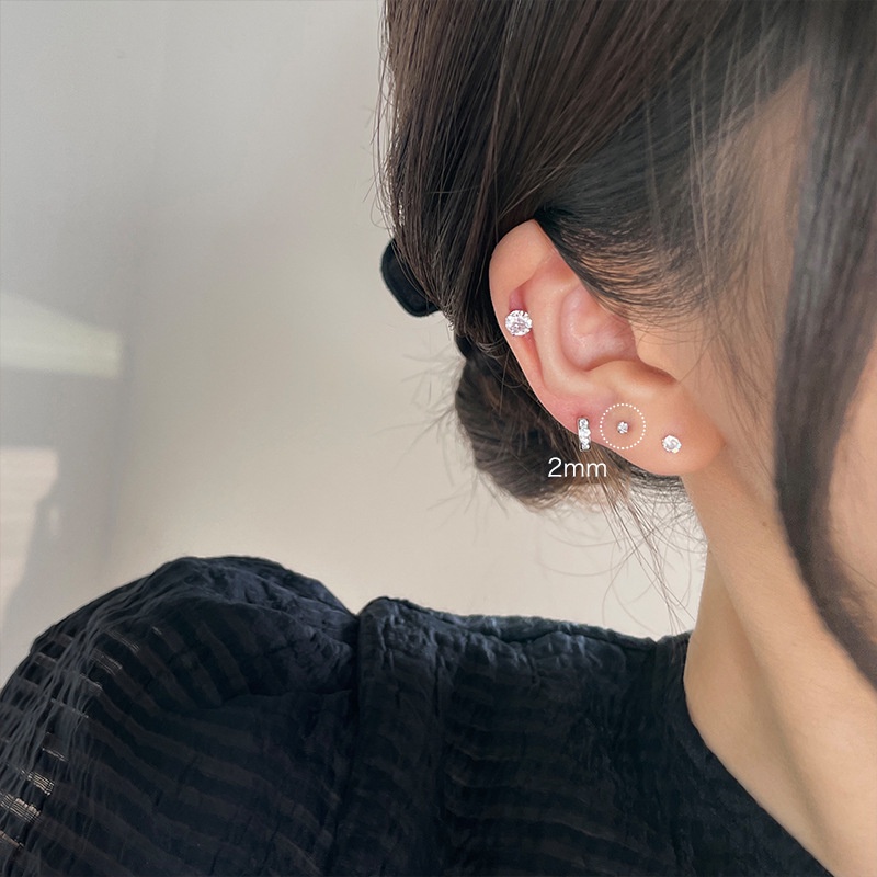 Ahellogirl Anting Perak925 Sterling S999 Zirkon Anting Perak Wanita Tindik Telinga Manis Dan Kecil Telinga Tulang Anting Kuku Bebas Tidur