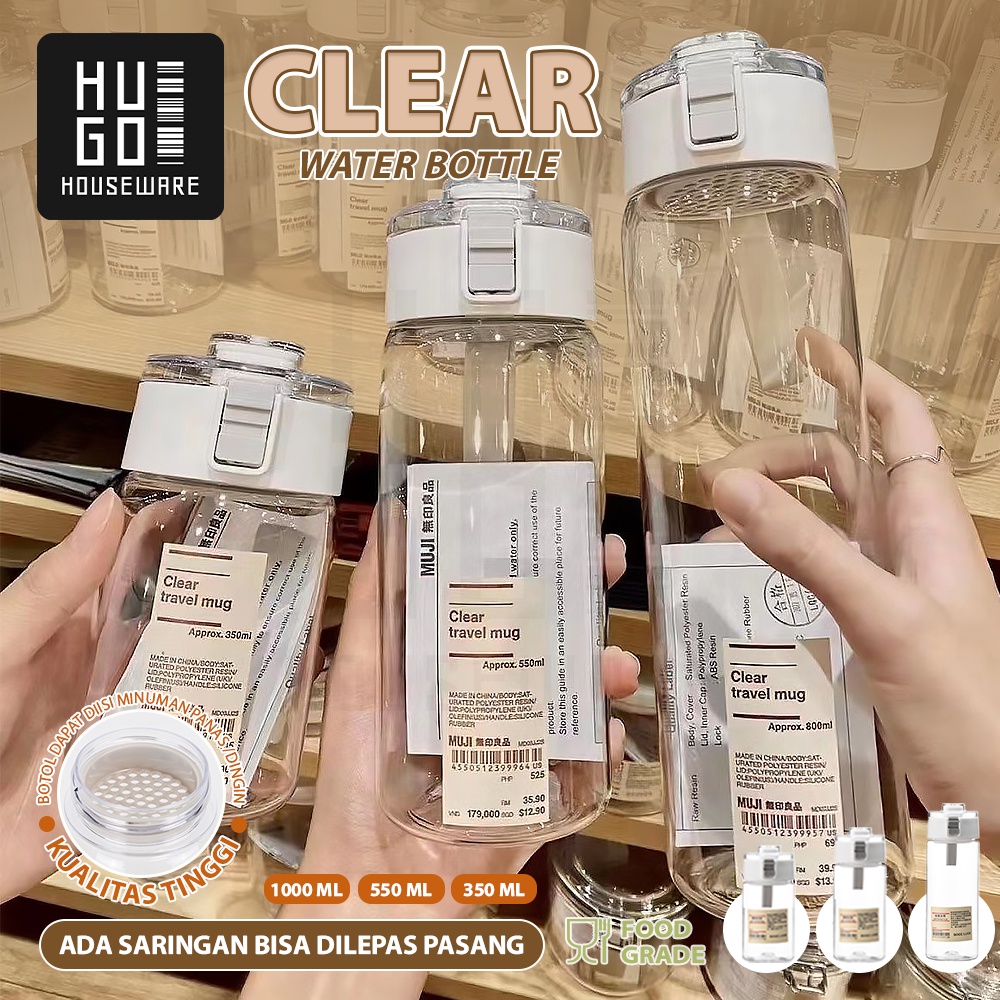 HUGO Botol Minum Putih Transparan Bening Estetik Botol Air Minum 350 550 1000 ml