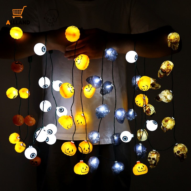 Portable Button Cell Powered Pumpkin Skull Light String/ Lampu Kalung Bola Mata Horror Cosplay Halloween/ Lampu Garland Peri Hias Paskah