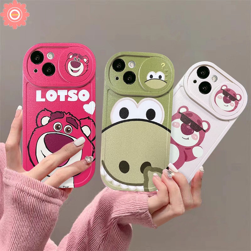 Cartoon Funny Dinosaur Strawberry Bear Lotso Case Compatible for iPhone 7Plus 11 13 12 11 Pro Max XR 8Plus X XS Max Push Pull Window Camera Lens Protector Soft Cover