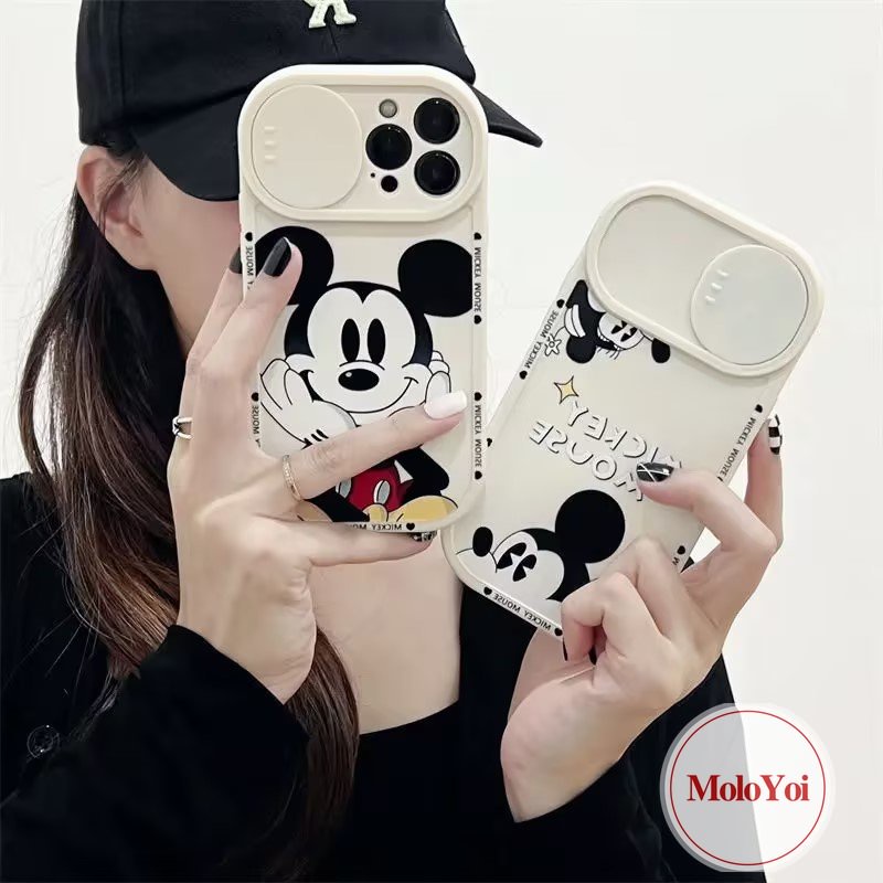 Cartoon Disney Strawberry Bear Lotso Push Pull Window Case Compatible for iPhone XR XS X Max 8Plus 7Plus 11 13 12 Pro Max Camera Lens Protector Cute Mickey Mouse Couple Phone Cover