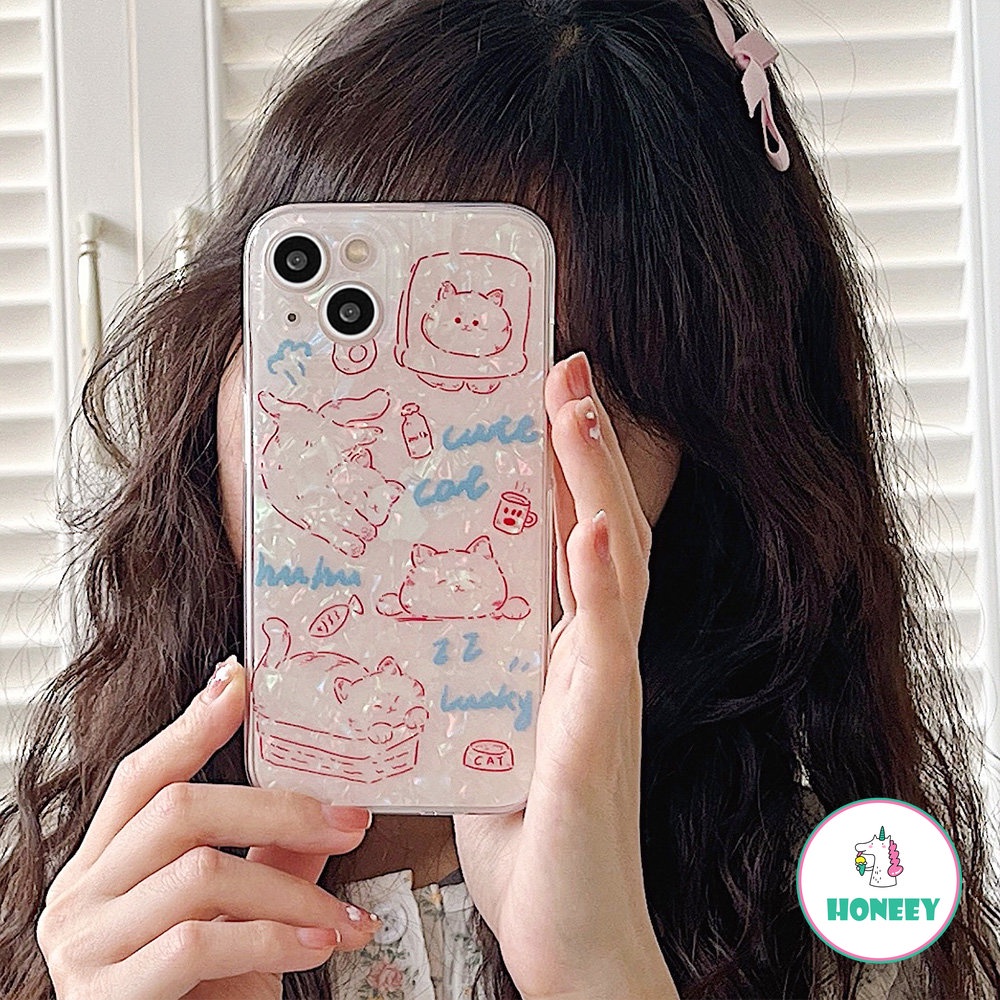 IPHONE Casing Ponsel Kucing Motif Shell Pink Mengkilap Yang Indah Kompatibel Untuk Iphone14 14Pro 11 12ProMax 12Pro 12 13ProMax Shockproof Back Cover