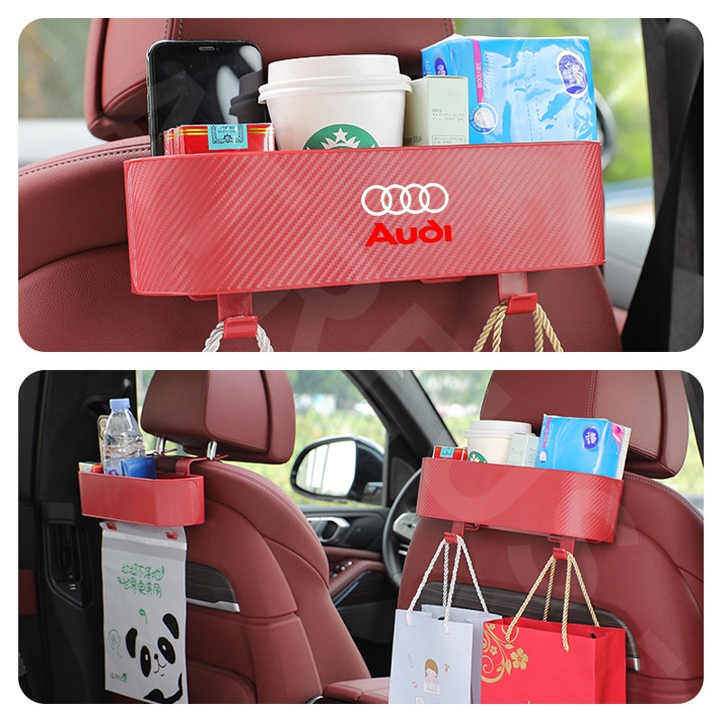 Audi Car Back Seat Organizer Car Seat Back Hook Kotak Penyimpanan Cup Holder Tekstur Serat Karbon Untuk Audi A3 8l A1 Q5 TT mk2 A5 A4 B7 B8 B5 A6 C7 C6 Q7 Q3 Q2 E-tron