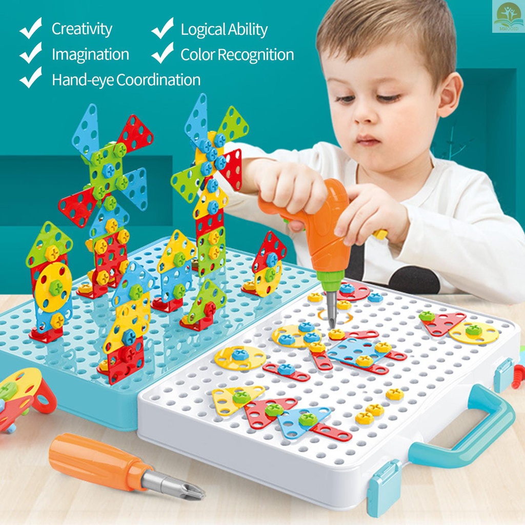 In Stock 173pcs Bor Listrik Konstruksi Blok Bangunan Hewan Tanaman Kreatif Bangunan Kegiatan Edukasi Permainan Puzzle