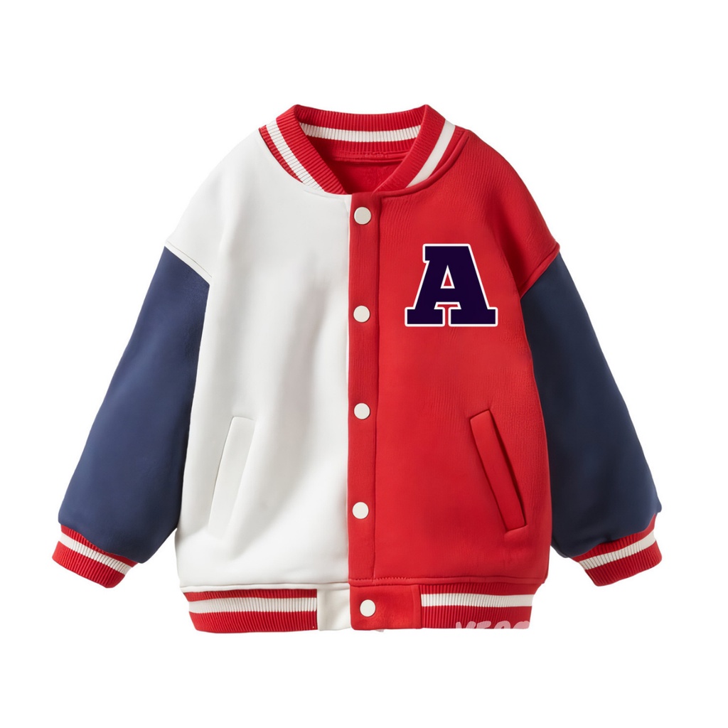 Jaket Varsity Polos Fashion Premium Pria Wanita Tanggung Jumbo Anak Kecil Remaja Warna Hitam Merah P