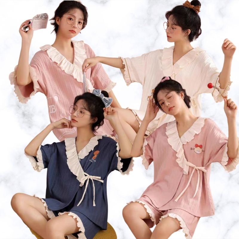 SETELAN SETCEL ONE SET KIMONO HOTPANTS PIYAMA BAJU KAOS TIDUR TALI WANITA LUCU KOREA RIB KNIT IMPORT