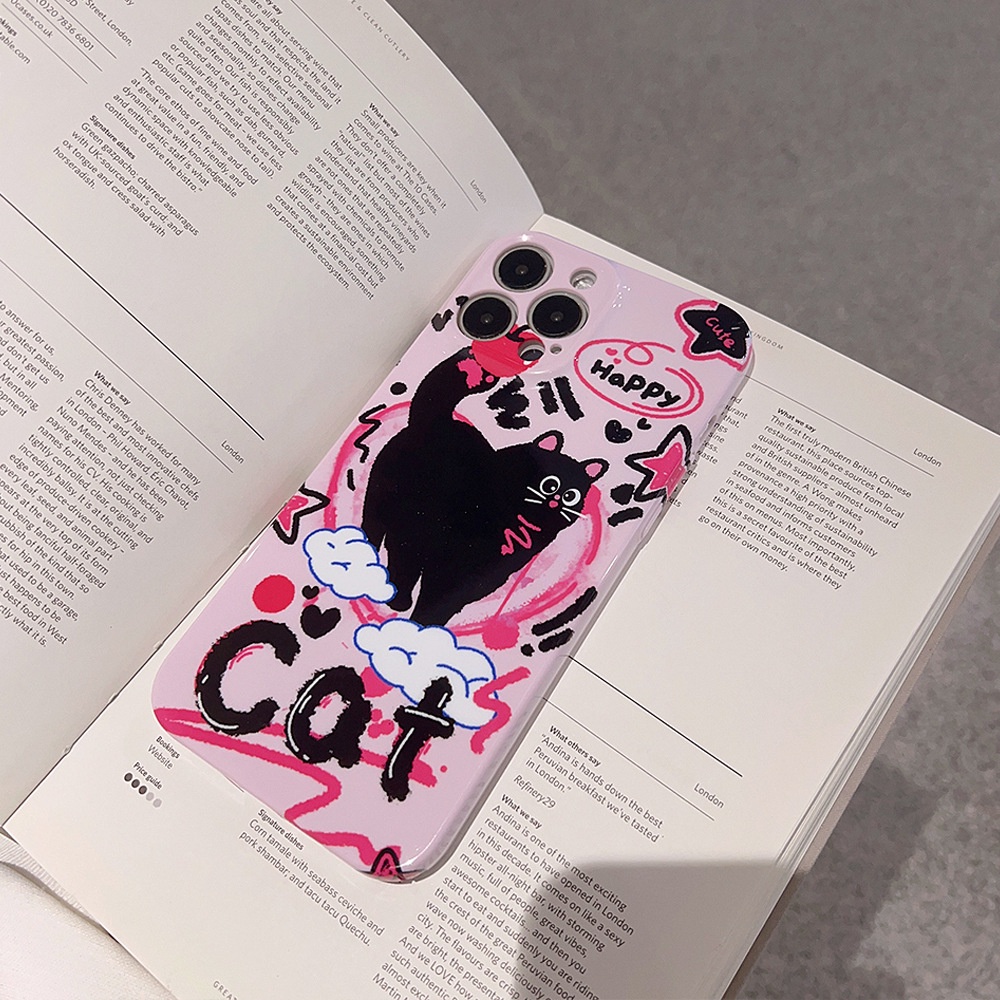 IPHONE Keren Doodle Punk Black Cat Pink Ponsel Hard Case Film Cover Pelindung Untuk Iphone7 8 PLUS X XR XS 11 12 13 14 PRO MAX SE