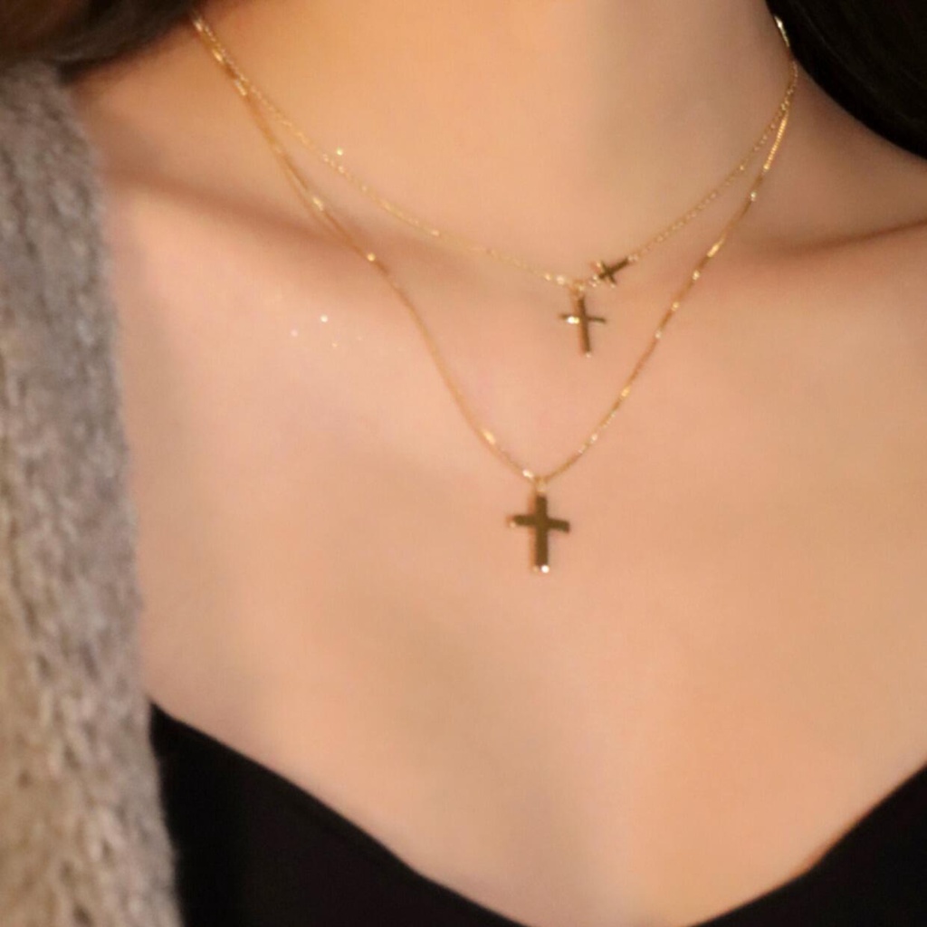 Yeezii Liontin Kalung Salib Rantai Ganda Emas Silver Vintage Untuk Aksesoris Perhiasan Wanita