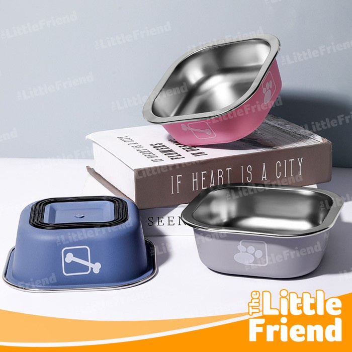 Tempat Makan Kucing Anjing Stainless Steel Square Shape Non-Slip Bowl