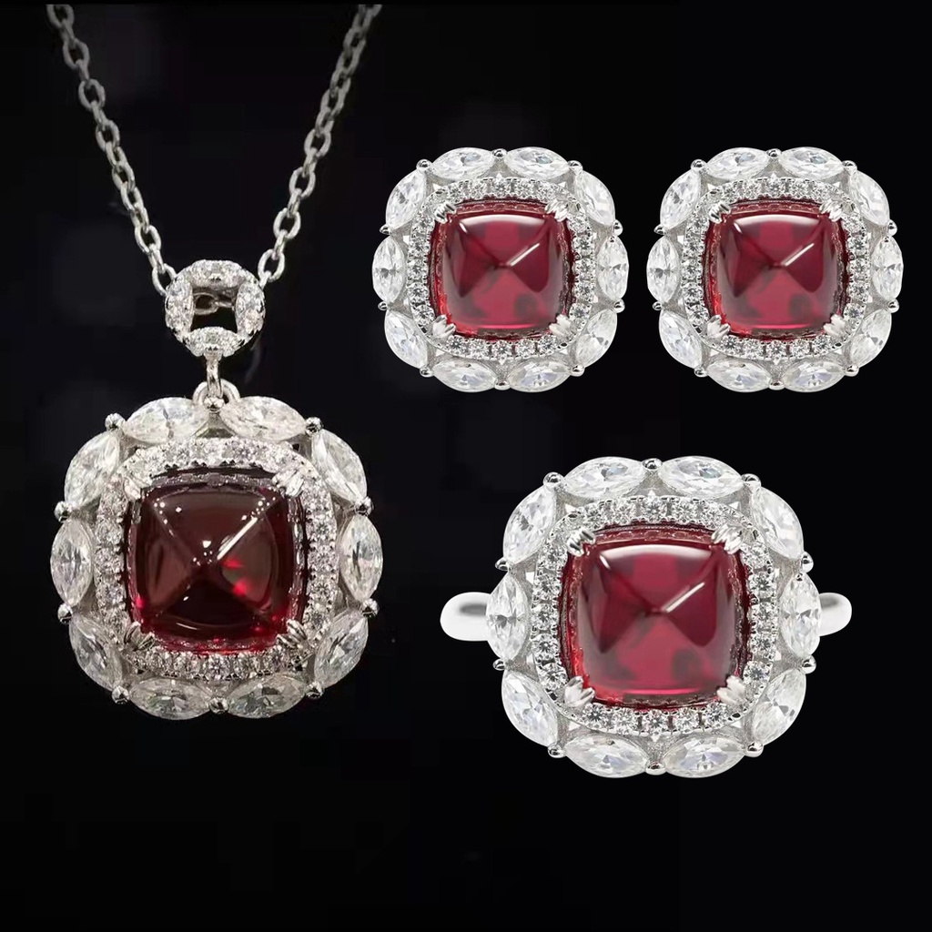 Goldkingdom Fashion Perhiasan Aksesoris Ready Stock Mozambik Alami Ditanam Ruby Gula Menara Cincin Wanita Mewah Harta Warna-Warni Set Berlian Merah Anting Liontin