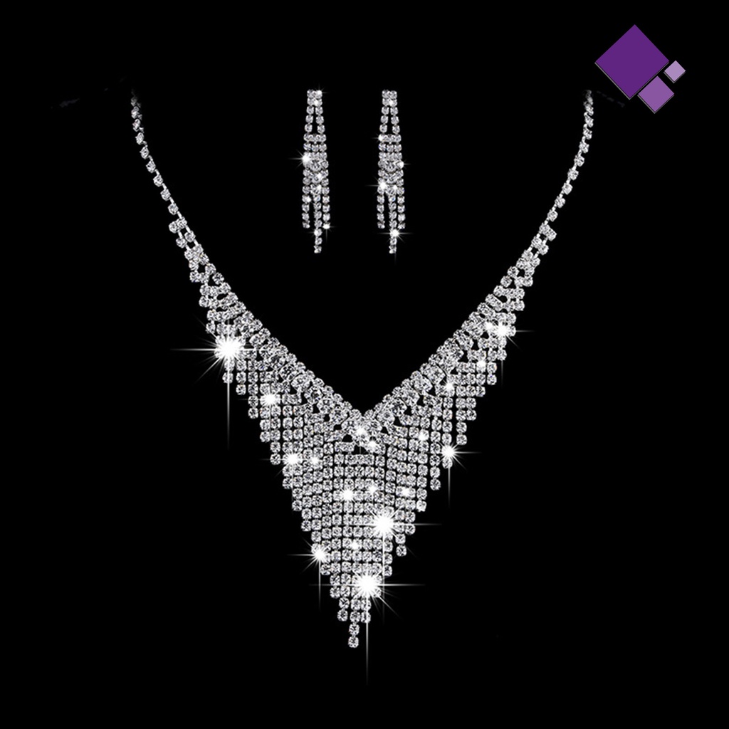 Naiveblue &gt; 1set Set Anting Pengantin Jumbai Berlian Imitasi Perhiasan Keluar Shiny Necklace Earrings
