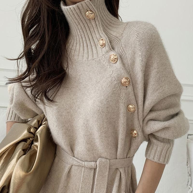 IMPORT HAE RA WOMAN KNIT WINTER LONG DRESS HIGH NECK BAJU TERUSAN PANJANG RAJUT WANITA MUSIM DINGIN