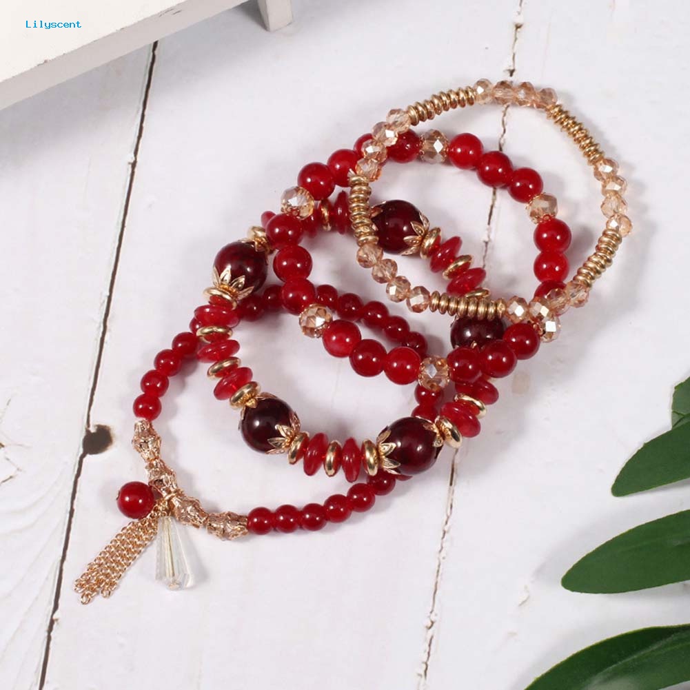 Lilyscent 4Pcs/Set Boho Faux Agate Mutiara Rumbai Rantai Pesona Manik-Manik Gelang Wanita Perhiasan