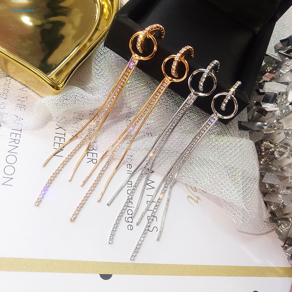 Lilyscent Mode Lingkaran Jumbai Panjang Berlian Imitasi Paduan Wanita Drop Earrings Perhiasan Hadiah