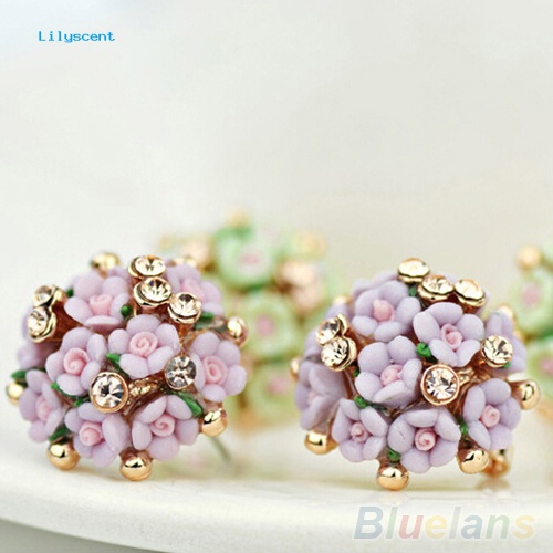 Lilyscent Wanita Gadis Pengantin Pernikahan Perhiasan Bunga Mempesona Berlian Imitasi Klip Stud Earrings