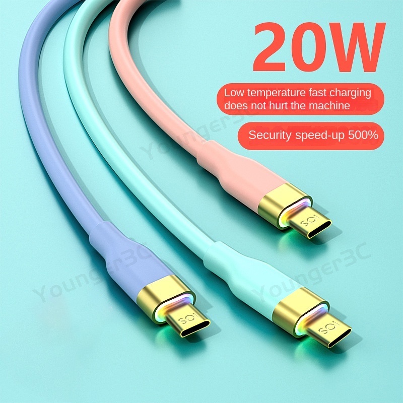 Kabel PD20W Silikon Sejati Yang Kompatibel Penuh Kabel Pengisian Cepat Kepala Lapis Emas Dengan Lampu Warna-Warni Kabel Data Usb Ke Tipe-c 66W