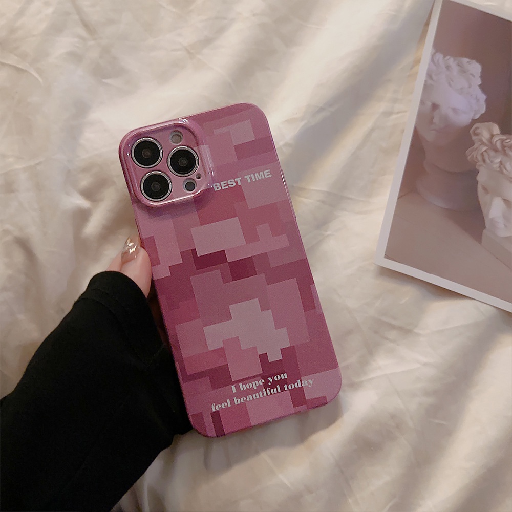 Ins Roseate Pixels Hard Shell Film Fotografi Case Untuk Iphone SE 2020 7 /8 Plus 14x XR XM 11 12 13 PRO MAX Casing Cover Pelindung AT0114