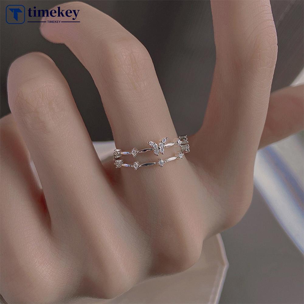 Timekey Kupu-Kupu Zirkon Cincin Ganda Mode Pembukaan Serbaguna Dapat Disesuaikan Cincin Paduan Perak Cincin Perhiasan Aksesori J2Y3