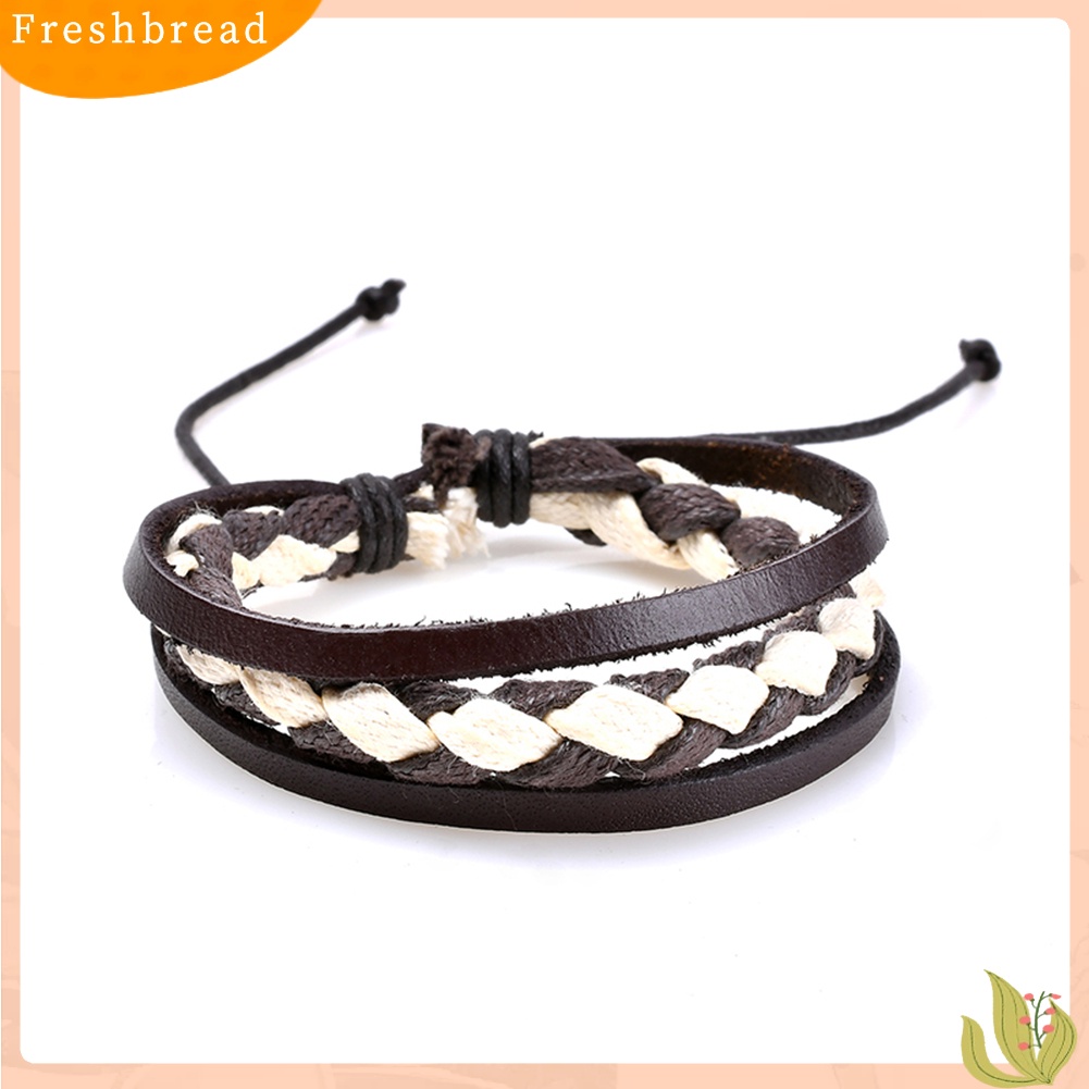 &lt; Freshbread &gt; 3Pcs Manik-Manik Kayu Kepang Retro Perhiasan Gelang Bangles Kulit Imitasi Untuk Pria