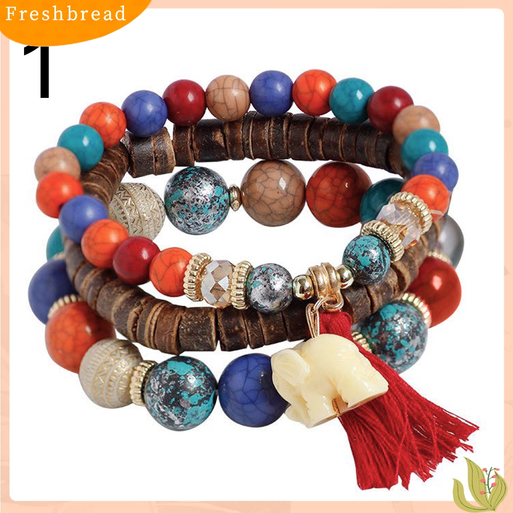 &lt; Freshbread &gt; 3Pcs/Set Bohemian Wanita Gajah Rumbai Pesona Ceko Batu Manik-Manik Gelang Hadiah