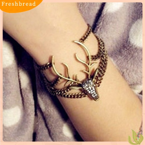 &lt; Freshbread &gt; Wanita Vintage Penuh Diamante Kepala Rusa Misterius Multi-Layer Gelang Perhiasan