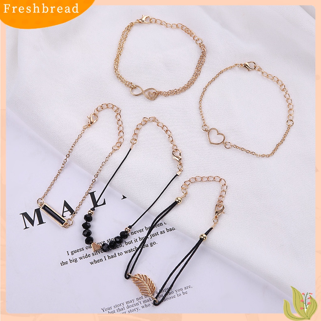 &lt; Freshbread &gt; 5Pcs/Set Gelang Rantai Beberapa Lapisan Handmade Tali Kombinasi Fashion Boho Geometris Daun Manik-Manik Berlapis Tangan Rantai Perhiasan Aksesori