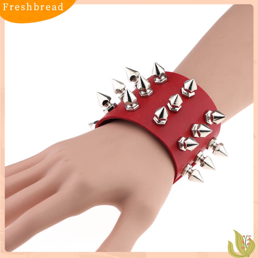 &lt; Freshbread &gt; Punk Triple Lines Stainless Steel Pointed Cone Rivet Gelang Bangle Kulit Imitasi