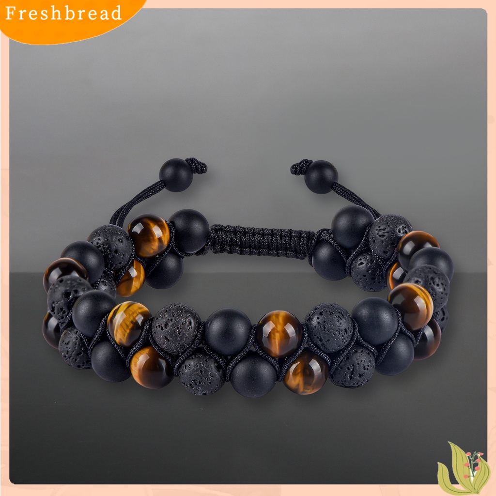 &lt; Freshbread &gt; Gelang Pria Dikepang Tali ic Double Layer Adjustable Serut Kepribadian Hias Tiger Eye Faux Rock Stone Pria Gelang Perhiasan Aksesori