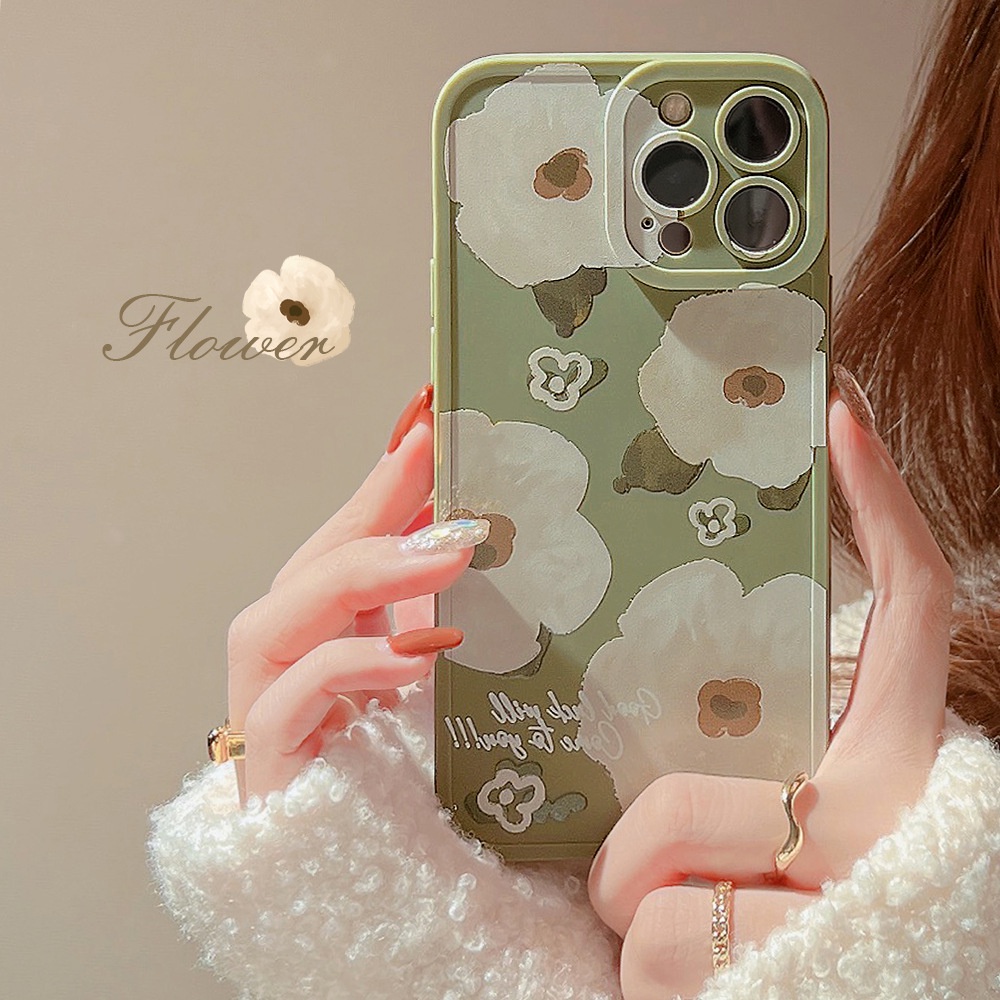 IPHONE [Mata Kucing] Soft Case TPU Anti Slip Untuk Iphone7Plus8 Plus X XS XR XS Max11 13 12 14 PRO Max14 Plus Ins Fashion Wanita Bunga Edelweiss Hijau