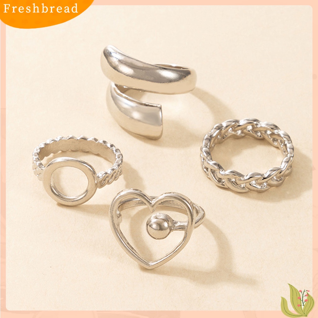 &lt; Freshbread &gt; 4Pcs/Set Hati Bentuk Geometris Bahan Alloy Rantai Hollow Bukaan Jari Cincin Cincin Sendi Untuk Pesta