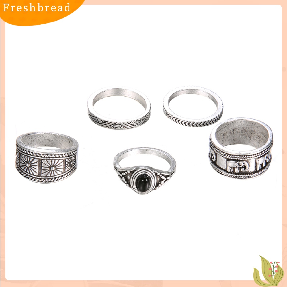 &lt; Freshbread &gt; 5Pcs/Set Ukiran Gajah Bulat Batu Susun Wanita Retro Buku Jari Cincin Perhiasan