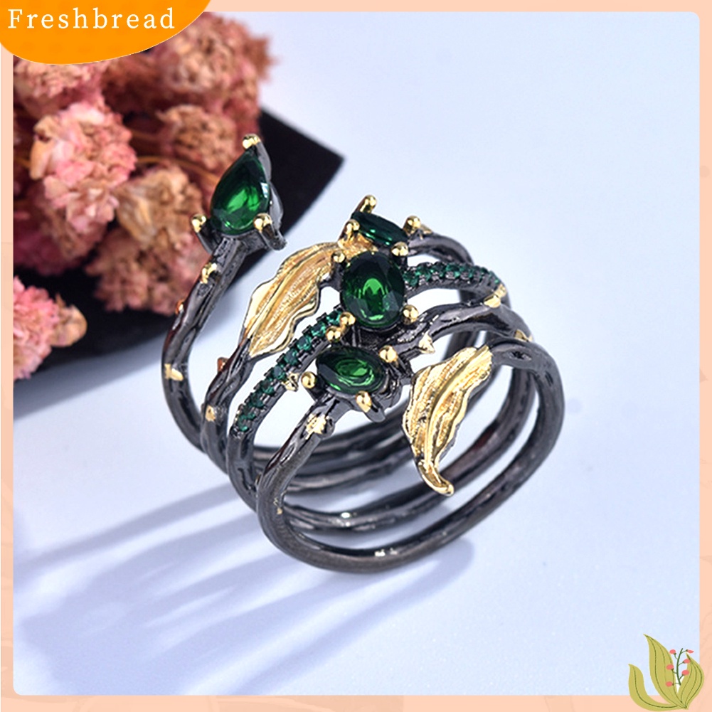 &lt; Freshbread &gt; Fashion Daun Bulu Berlian Imitasi Permata Imitasi Wanita Jari Cincin Pesta Perjamuan Perhiasan