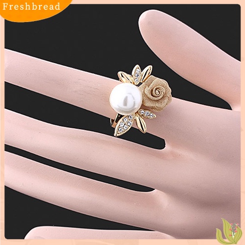 &lt; Freshbread &gt; Fashion Wanita Mawar Mutiara Imitasi Kristal Bening Berlapis Emas 9K Cincin Perhiasan Pesta