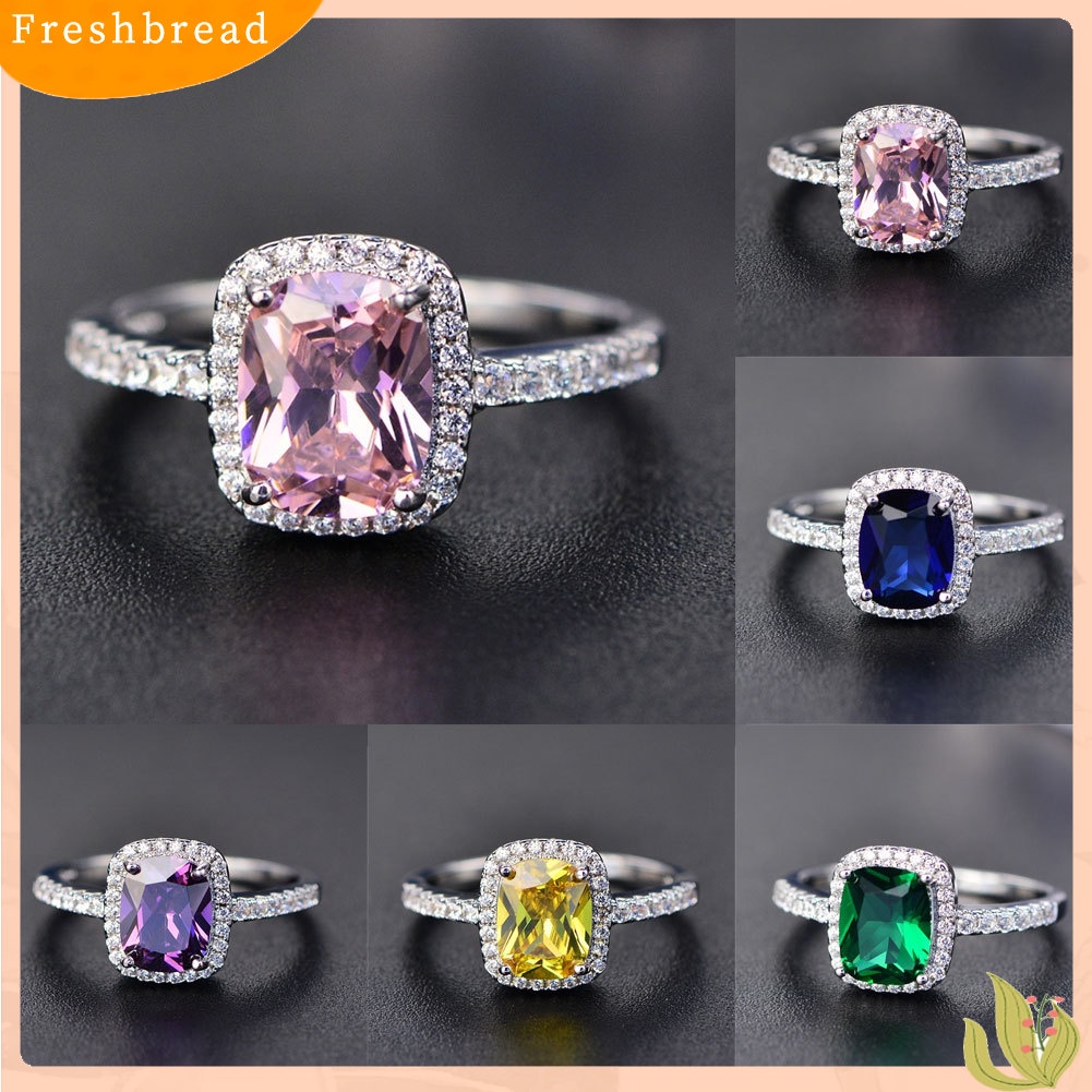 &lt; Freshbread &gt; Bergaya Persegi Faux Gemstone Berlian Imitasi Bertatahkan Cincin Pertunangan Lamaran Band