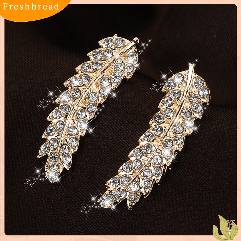 &lt; Freshbread &gt; Wanita Berlian Imitasi Penuh Hias Bentuk Daun Stud Anting Tindik Perhiasan Hadiah