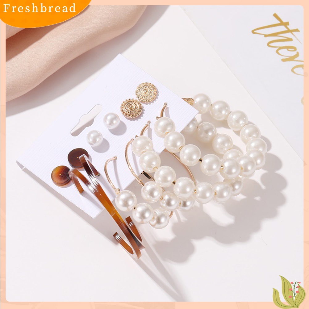 &lt; Freshbread &gt; 6pasang Wanita Mutiara Imitasi Bulat Geometris Menjuntai Ear Stud Hoop Earrings Jewelry