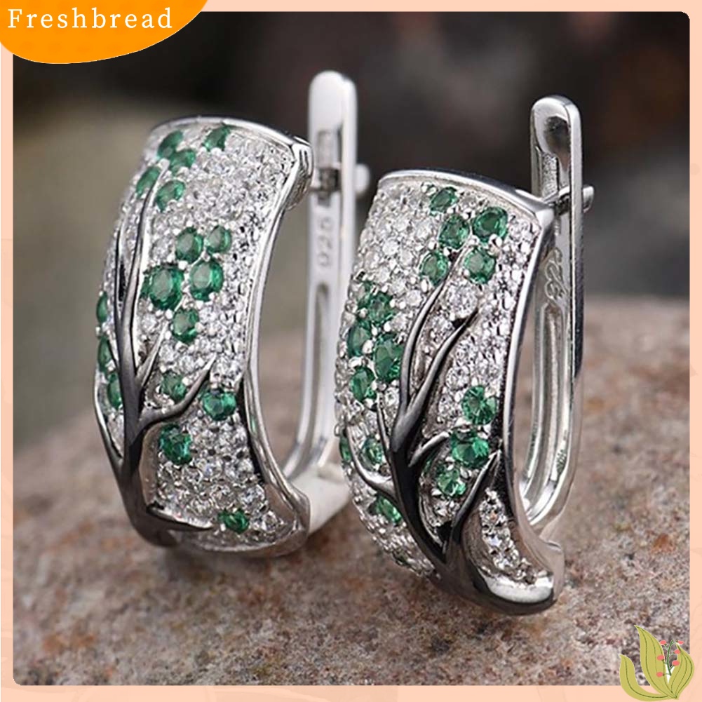 &lt; Freshbread &gt; Lady Shiny Plum Blossom Cabang Penuh Berlian Imitasi Bertatahkan Melengkung Anting-Anting Persegi Panjang