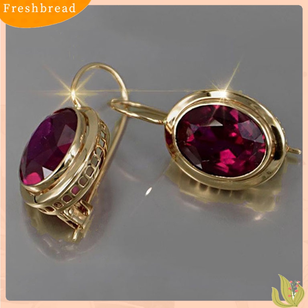 &lt; Freshbread &gt; 1pasang Merah Berlian Imitasi Wanita Anting Oval Alloy Berongga Shiny Clip Earrings Perhiasan Pernikahan