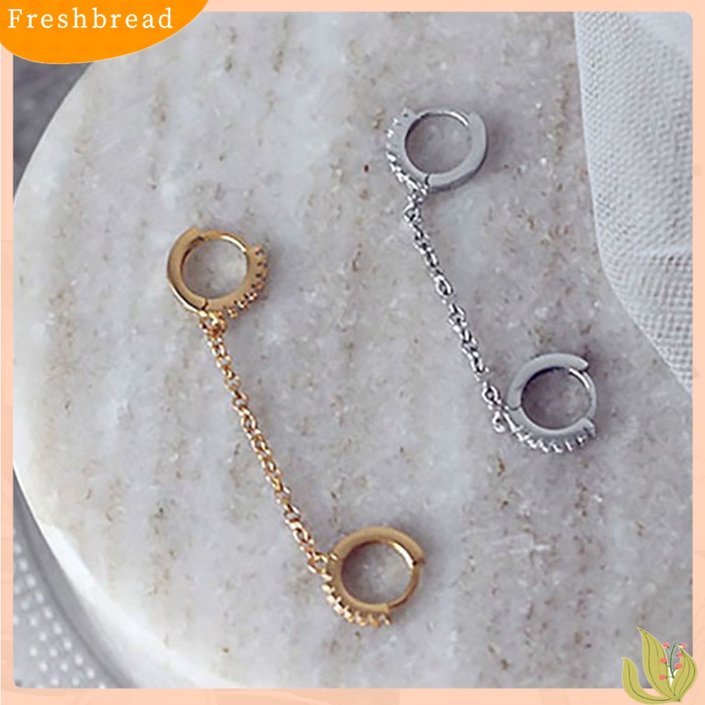 &lt; Freshbread &gt; 1pasang Anting Hoop Rantai Rumbai Cubic Zirconia Wanita Shiny Double Ear Piercing Lingkaran Earrings Perhiasan Aksesoris