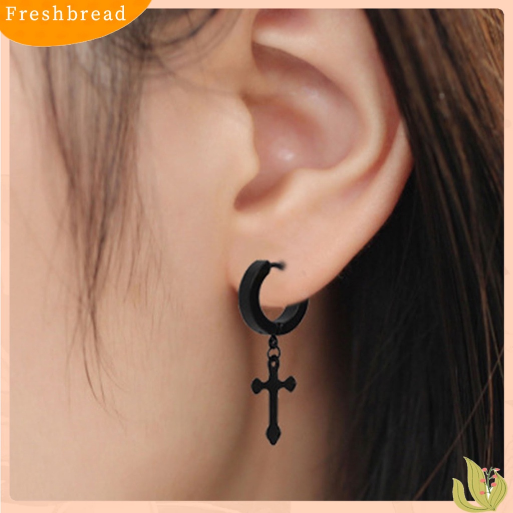 &lt; Freshbread &gt; 1pasang Anting Salib Menjuntai Tahan Lama Gaya Liontin Baja Titanium Pria Wanita Dewasa Liontin Salib Hoop Earring Untuk Pesta