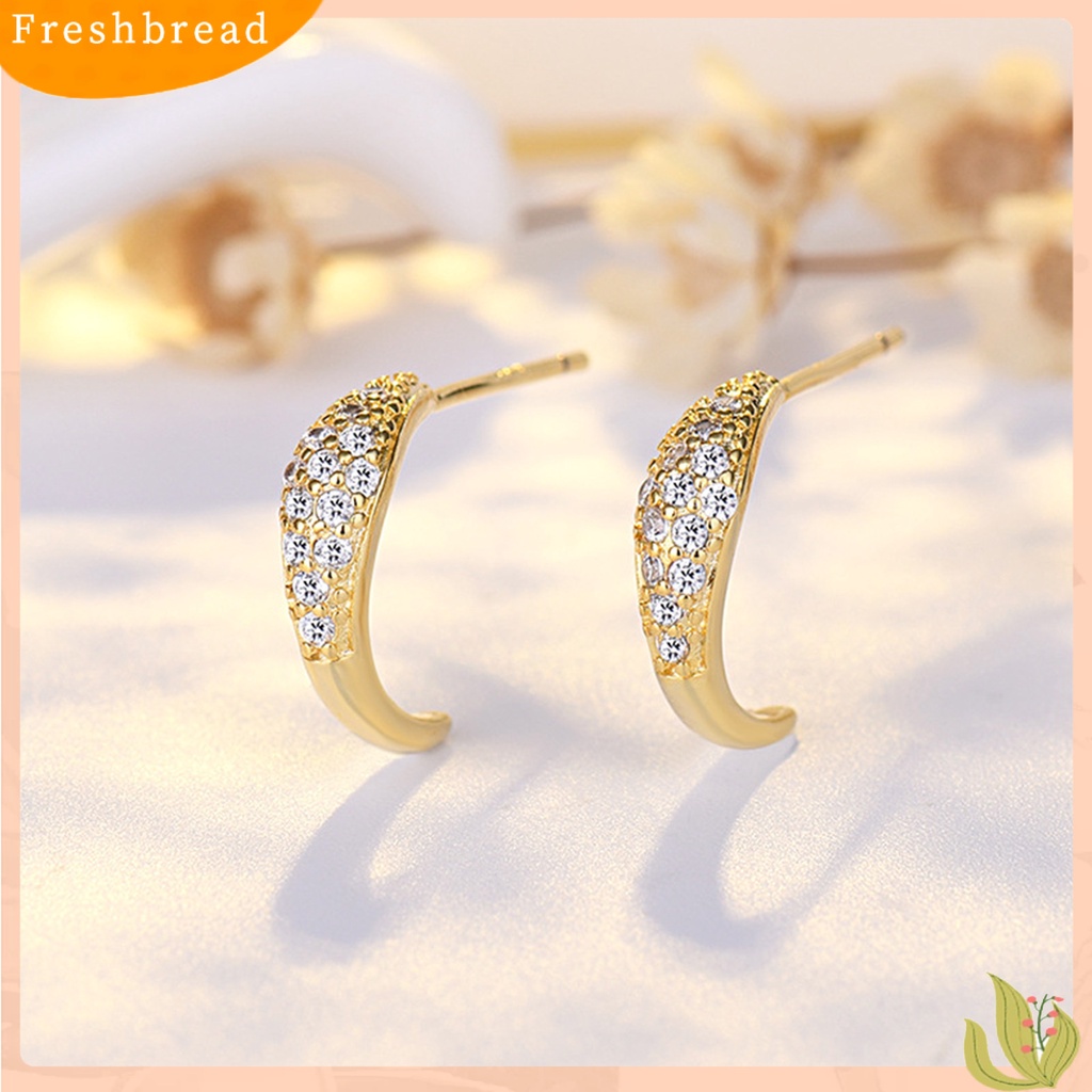 &lt; Freshbread &gt; 1pasang Ear Studs Super Shiny Full Rhinestones Sparkling Geometric Electroplating Hias Hadiah Wanita Crescent Moon Stud Earrings Perhiasan Untuk Pacaran