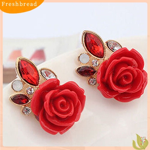 &lt; Freshbread &gt; Wanita Retro Elegan Bunga Mawar Berlian Imitasi Bertatahkan Telinga Studs Earrings Hadiah