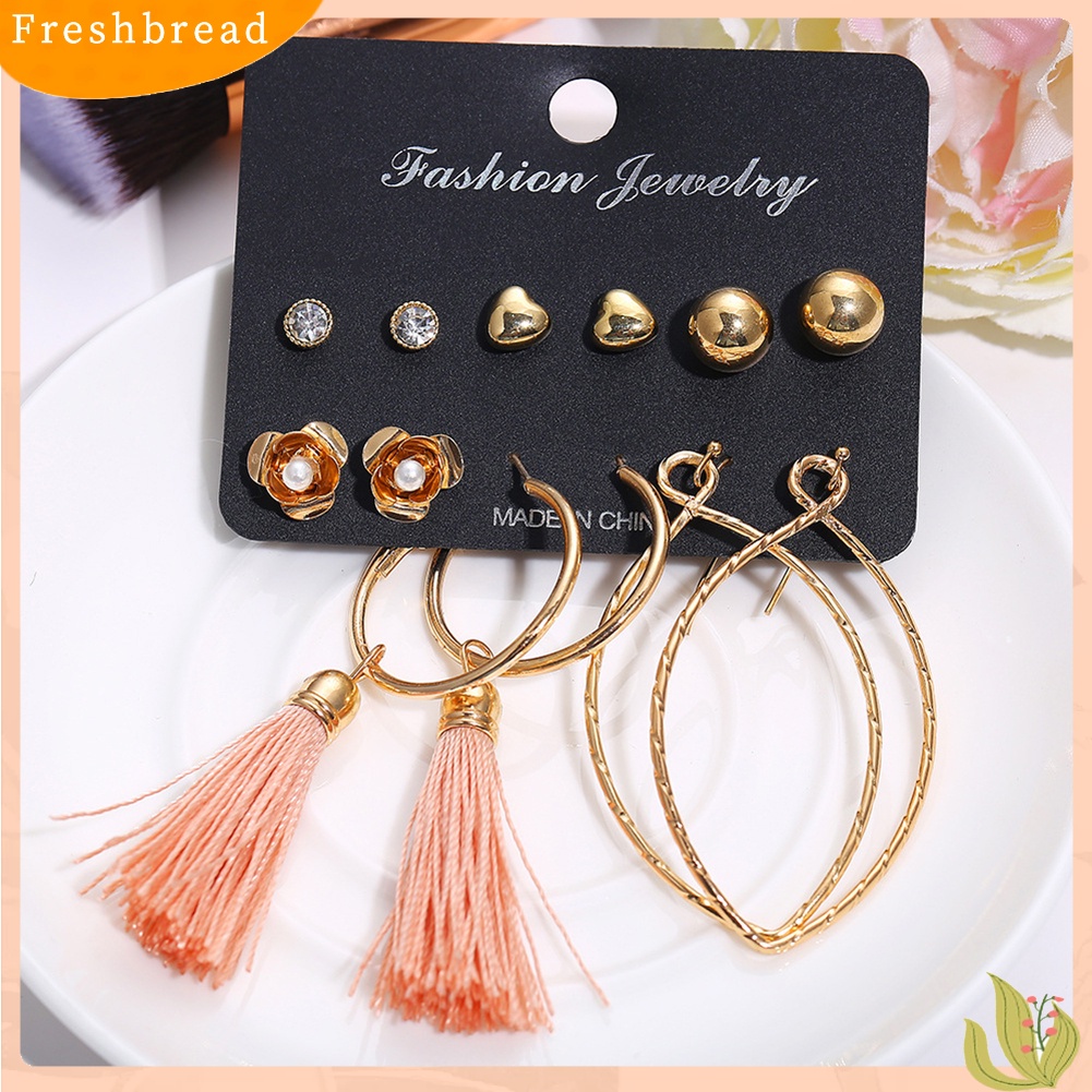 &lt; Freshbread &gt; 6pasang Fashion Bunga Daun Rumbai Hoop Wanita Ear Studs Menjuntai Kait Anting Set