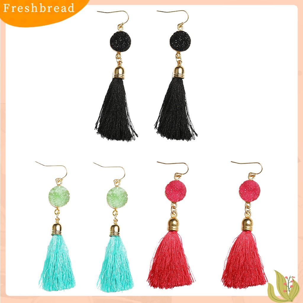 &lt; Freshbread &gt; 1pasang Anting Kait Bohemian Katun Ringan Garis Pinggiran Desain Menjuntai Earrings Aksesoris Telinga