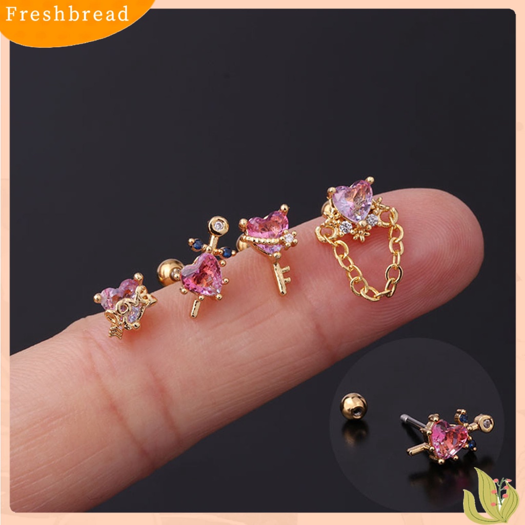 &lt; Freshbread &gt; 1Pc Mini Bersinar Indah Wanita Anting Jantung Berlian Imitasi Rantai Telinga Stud Perhiasan Aksesori