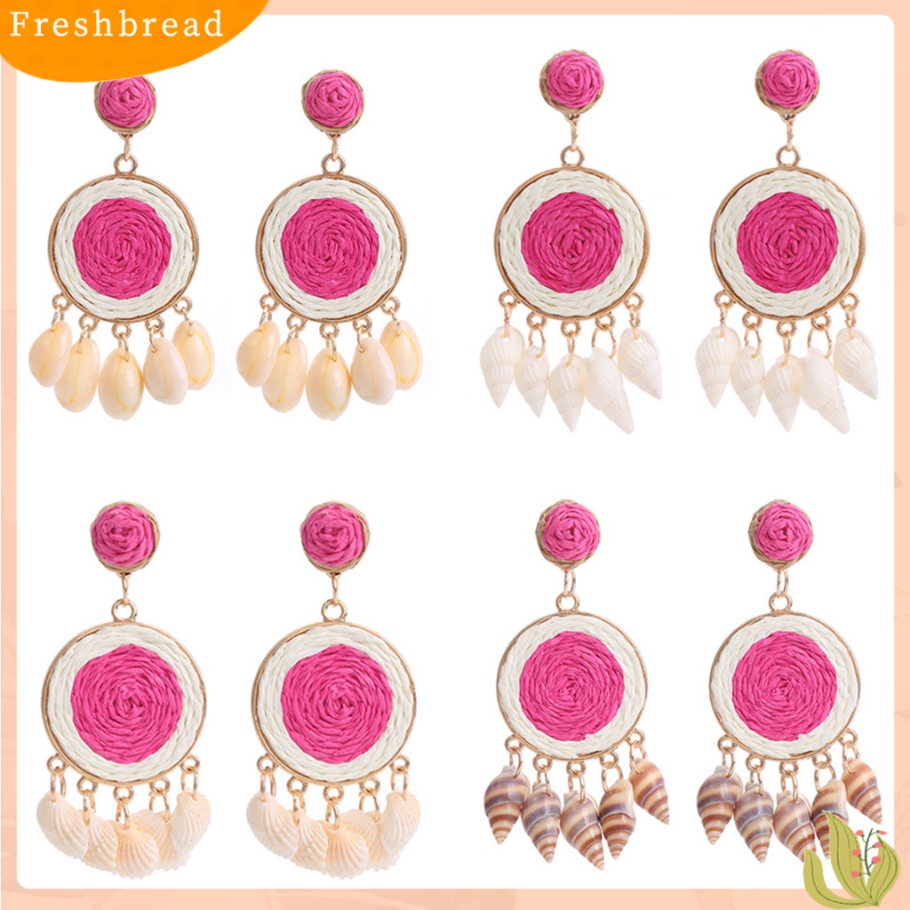 &lt; Freshbread &gt; 1pasang Anting Gantung Wanita Dikepang Mudah Cocok Dengan Warna Manis Ringan Anti Alergi Bentuk Bulat Manik-Manik Rumbai Warna Kontras Drop Earrings Untuk Pantai