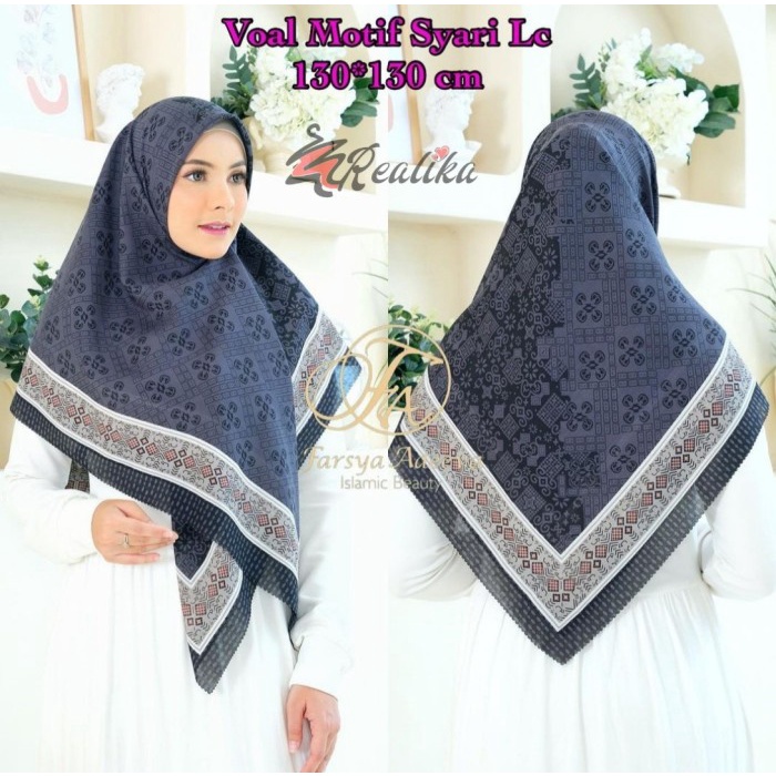 TERLARIS Jilbab Hijab Segiempat Segi Empat Voal Syari syar'i Motif LC 130x130Cm - Hitam Silver