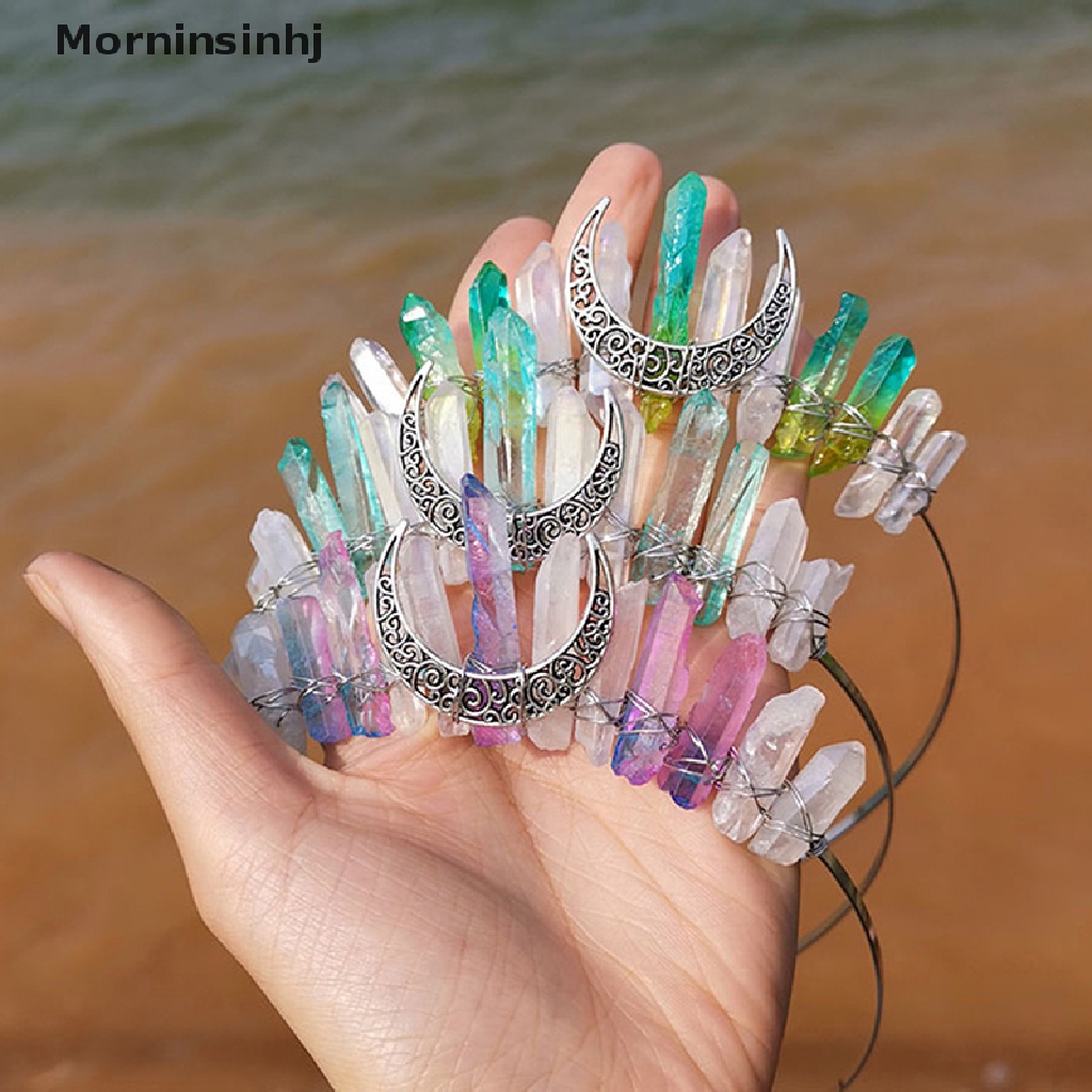 Mornin 1PC Wanita Bulan Dewi Mahkota Kristal Mentah Tiara Handmade Pesta Bando id