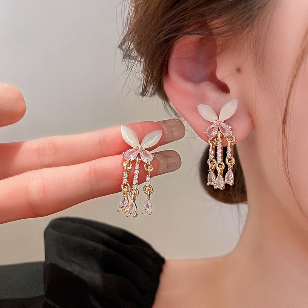 Deartiara Korea Fashion Bunga Busur Hati Kelinci Opal Anting Baru Mewah Elegan Gaya Earrings