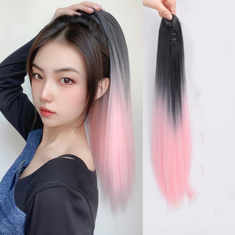 Ins Extension Rambut Ponytail Lurus Panjang Gradasi Alami Untuk Wanita Perempuan 50cm Dengan Klip